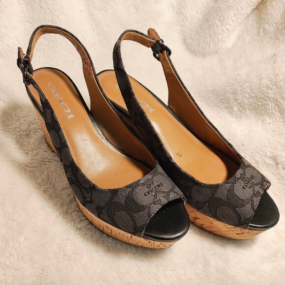 Coach Black & Gray Signature Monogram Cork Wedges 7.5 - Picture 1 of 16